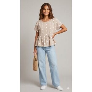 Blu Pepper Tan White Pom Pom Polka Dot Peplum Top Button Back Rayon Large